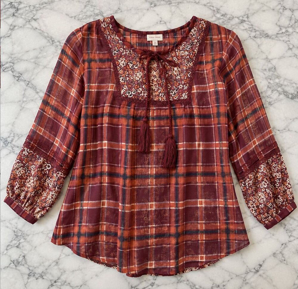 Girl Krazy Red Plaid Peasant Blouse Women Boho Sheer Lace Tassel Tie Smocked S